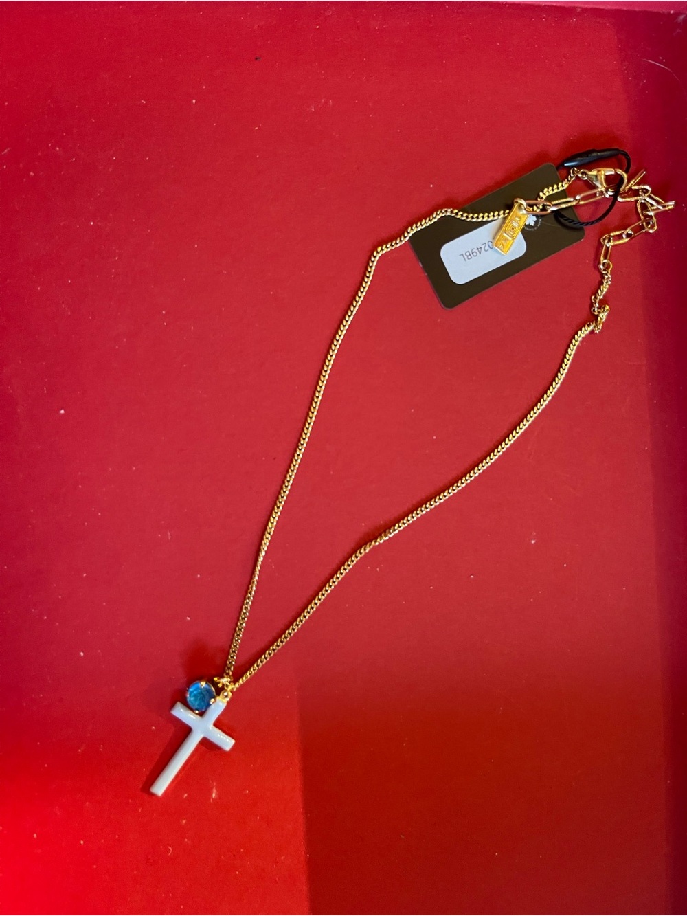 Tova Gold Chain Necklace with light blue  Cross and Blue Gem